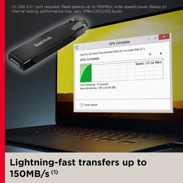 Alt view image 3 of 5 - SANDISK 128GB Ultra USB-C Flash Drive, Up to 150MB/s Read Speeds