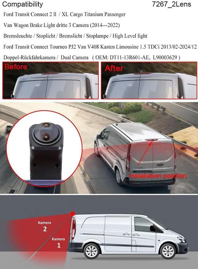 Alt view image 2 of 5 - 3rd Brake Light Reverse Camera with Two Lens, Dual Cameras Backup Camera Replacement for Van Ford Transit Connect 2 II/XL Cargo Titanium Passenger 2014-2022