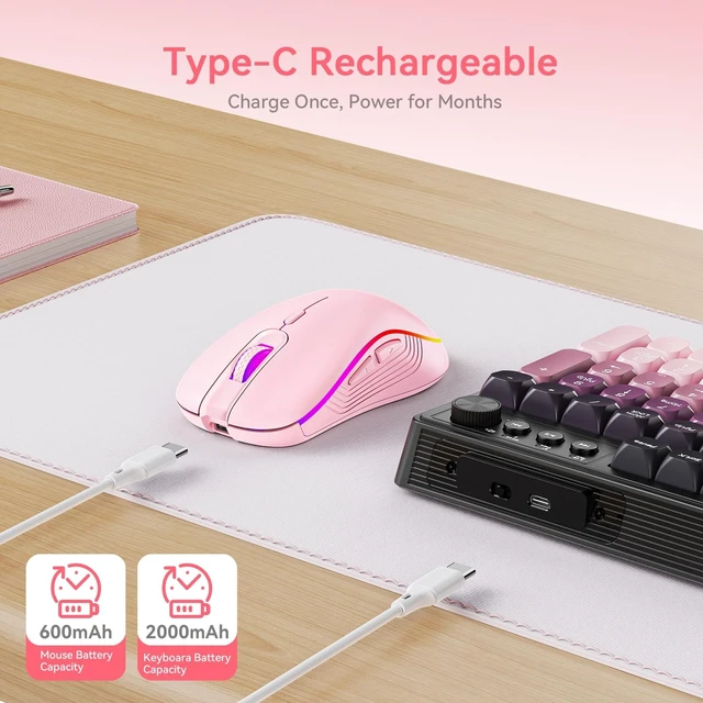 Alt view image 3 of 5 - Wireless Keyboard and Mouse Combo, RGB Backlit Rechargeable 2000 mAh Battery, Wireless Computer Keyboards, Tri-Mode Bluetooth/2.4GHz/USB-C Custom Creamy Keyboard, RGB Backlit Media Knob