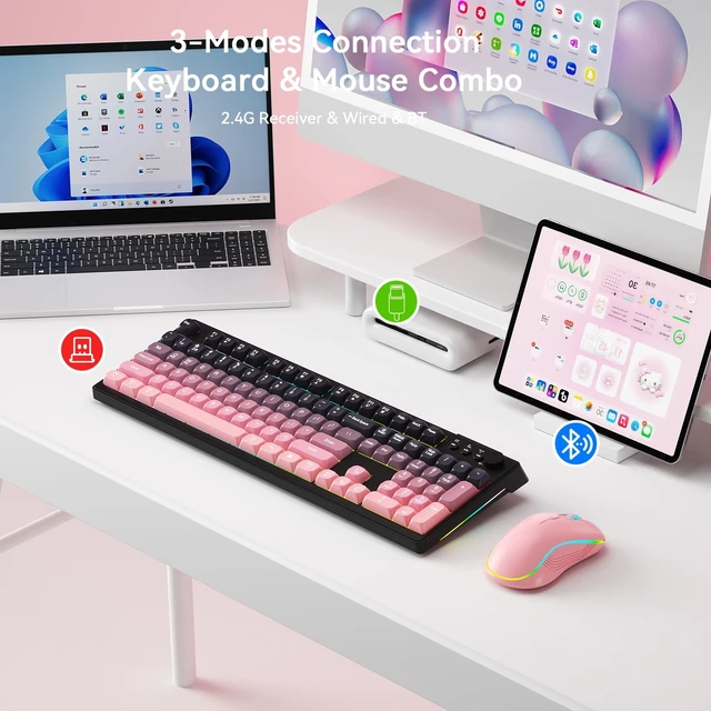 Alt view image 2 of 5 - Wireless Keyboard and Mouse Combo, RGB Backlit Rechargeable 2000 mAh Battery, Wireless Computer Keyboards, Tri-Mode Bluetooth/2.4GHz/USB-C Custom Creamy Keyboard, RGB Backlit Media Knob