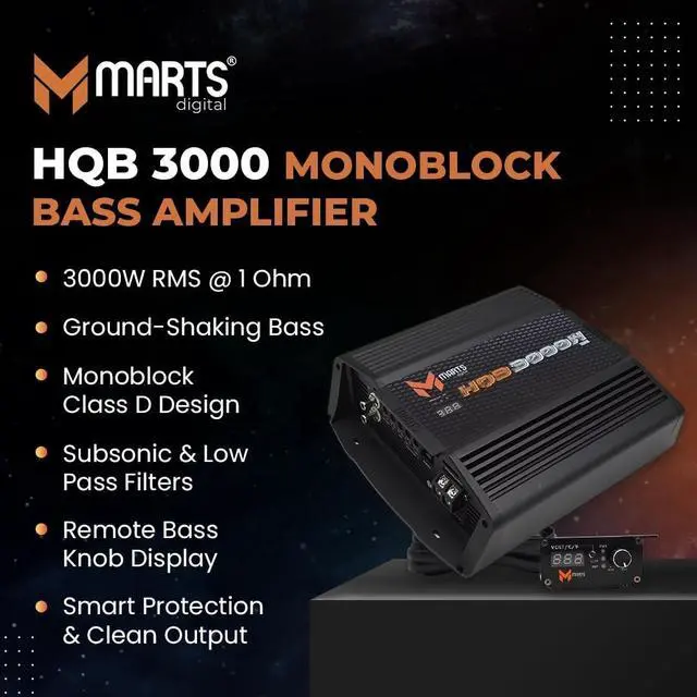 Alt view image 2 of 5 - Marts Digital HQB3000 ^^ 3000W RMS Monoblock Class D 1 Ohm Stable Bass Amplifier ^^ Subsonic 10-40Hz Filters LPF 40-250Hz ^^ Remote Bass Control with Voltage Temp Display ^^ For Subwoofer Use in Car A