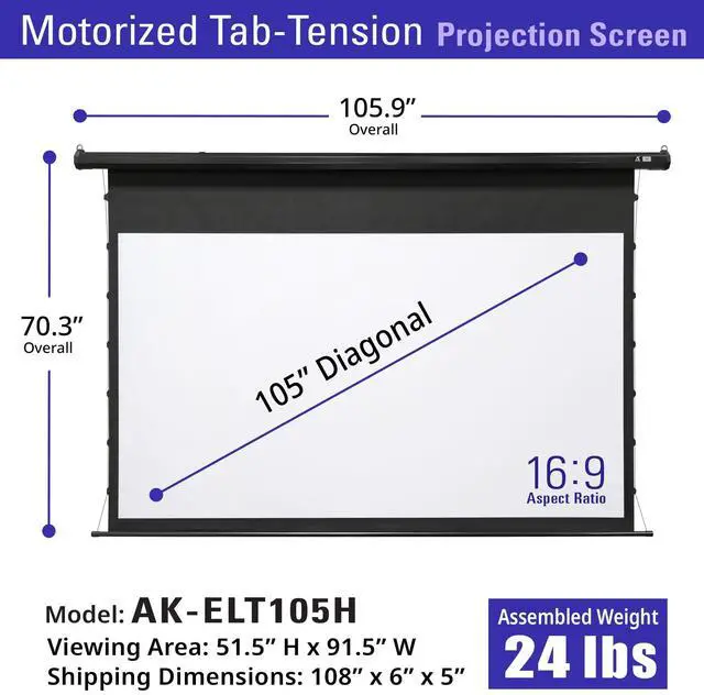 Alt view image 2 of 5 - Akia Screens 105" Motorized Tab Tension Projector Screen, 16:9 Retractable Projection Screen, UST, Short & Standard Throw Compatible, 4K Indoor Home Theater Screen, Black Case, AK-ELT105H