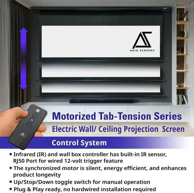 Alt view image 4 of 5 - Akia Screens 105" Motorized Tab Tension Projector Screen, 16:9 Retractable Projection Screen, UST, Short & Standard Throw Compatible, 4K Indoor Home Theater Screen, Black Case, AK-ELT105H