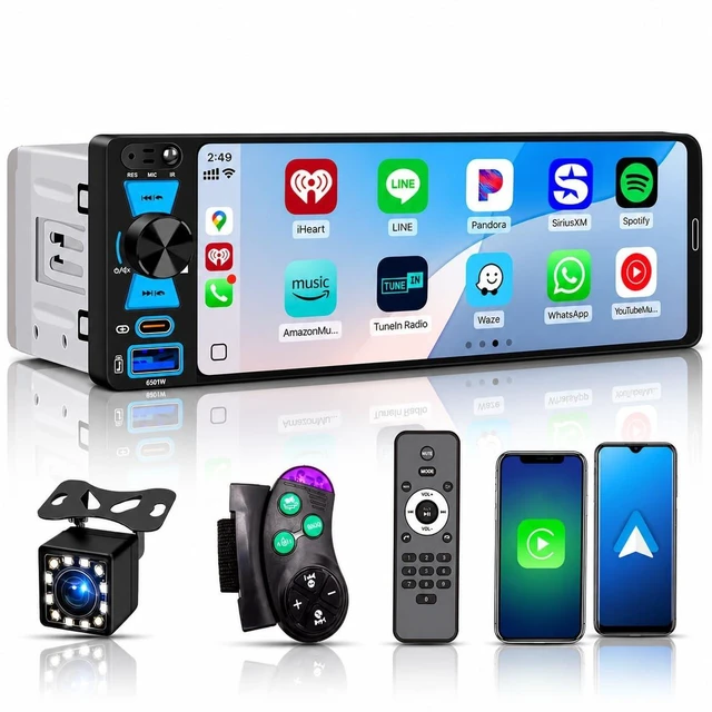 Main image of Single Din Car Stereo 6.5" Touch Screen Wireless CarPlay Android Auto