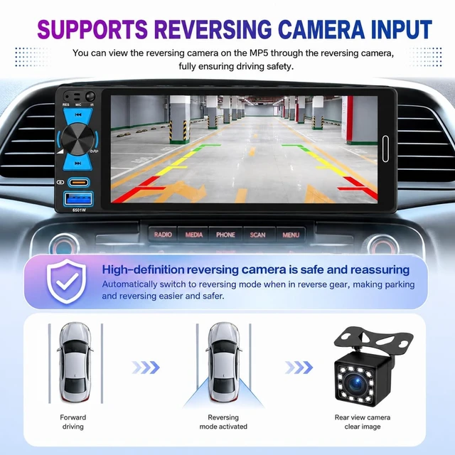 Alt view image 4 of 5 - Single Din Car Stereo 6.5" Touch Screen Wireless CarPlay Android Auto