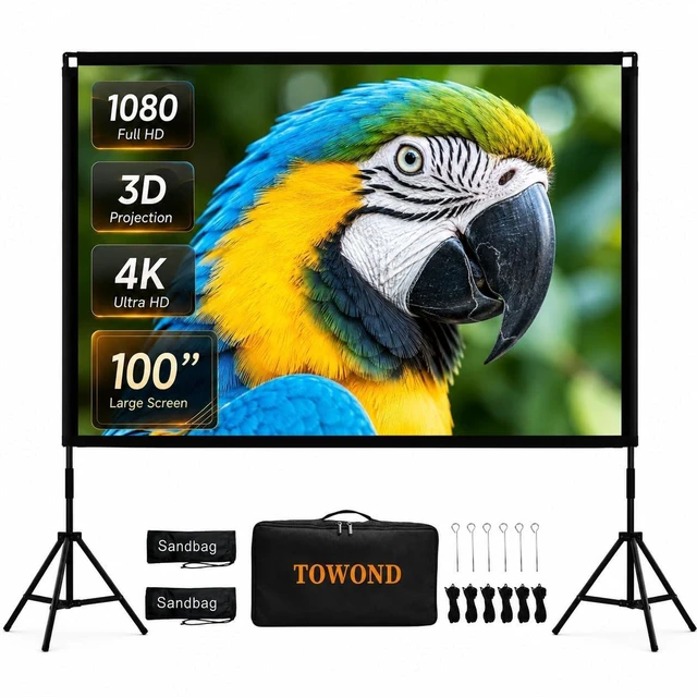 Main image of Projector Screen with Stand, Towond 100 inch Outdoor Movie Screen 16:9 HD Front Rear Portable Projection Screen with Carry Bag Wrinkle-Free and Foldable Design for Soccer Match Viewing Parties
