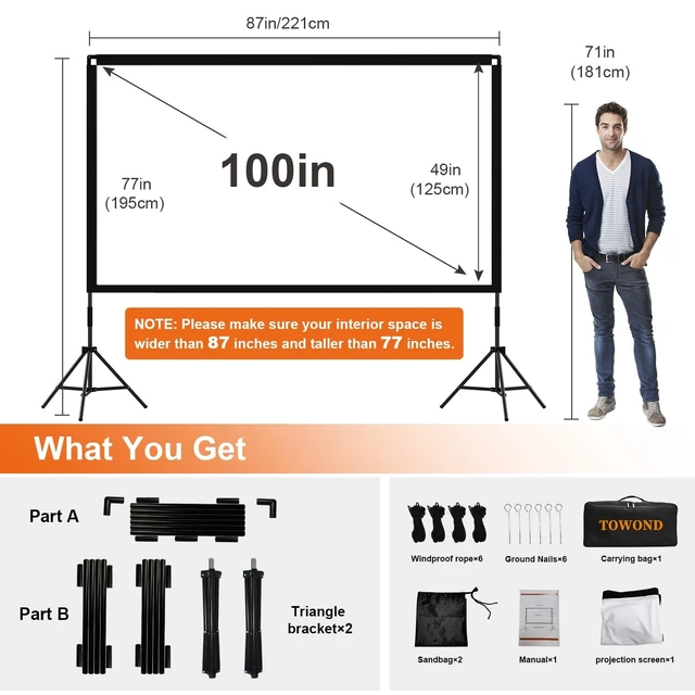 Alt view image 2 of 5 - Projector Screen with Stand, Towond 100 inch Outdoor Movie Screen 16:9 HD Front Rear Portable Projection Screen with Carry Bag Wrinkle-Free and Foldable Design for Soccer Match Viewing Parties