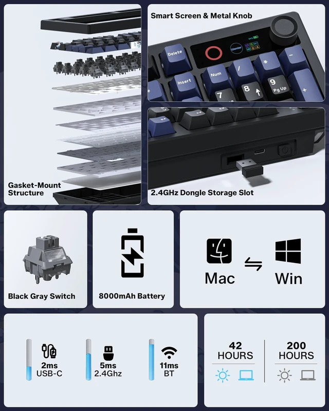Alt view image 3 of 5 - Typehaven L98 Wireless Mechanical Gaming Keyboard with Smart Display & Knob
