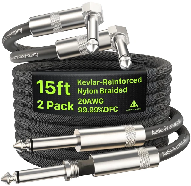 Main image of AA AUDIO ACCESSORY Right Angle Guitar Cords 15ft 2 Pack, Nylon Braided Anti-Kinking Kevlar-Reinforced, 20 AWG 99.99% OFC 1/4 Instrument Cable, AL & OFC Shielded Guitar Cable for Fender Electric Guitar