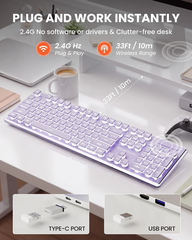 Alt view image 2 of 5 - Wireless Keyboard with White Backlit, Quiet, Rechargeable, 2.4GHz, Purple