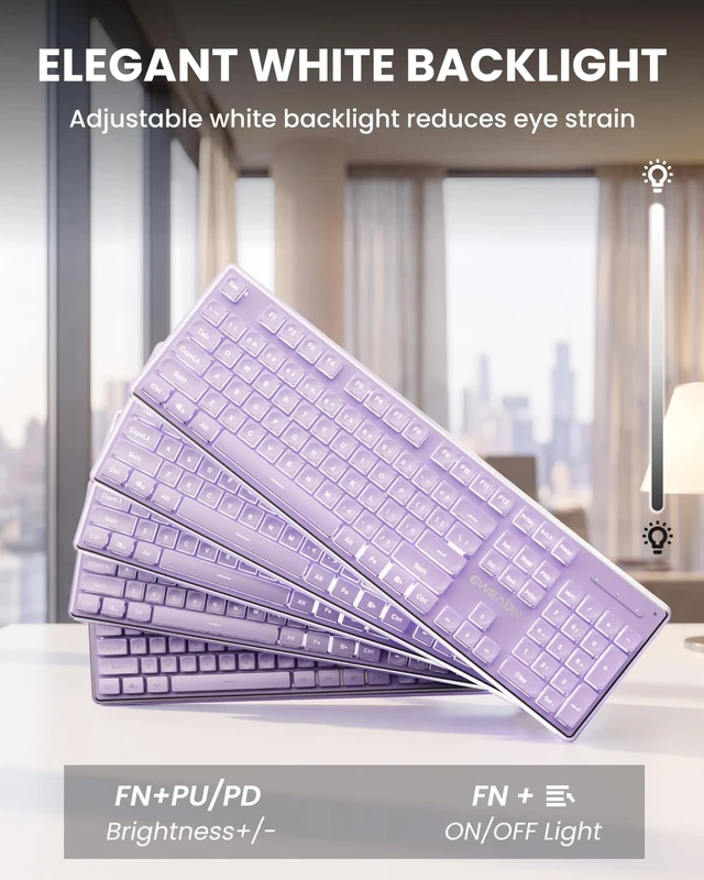Alt view image 3 of 5 - Wireless Keyboard with White Backlit, Quiet, Rechargeable, 2.4GHz, Purple