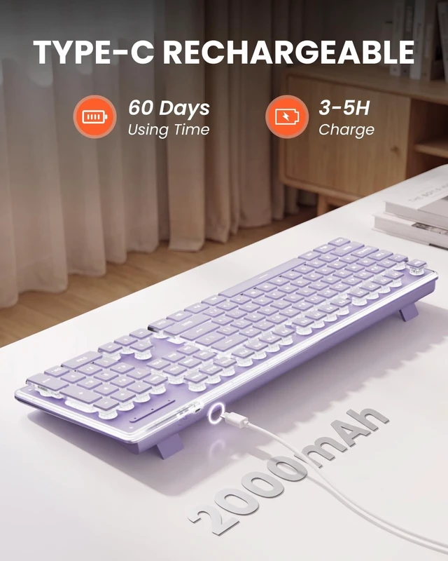 Alt view image 5 of 5 - Wireless Keyboard with White Backlit, Quiet, Rechargeable, 2.4GHz, Purple