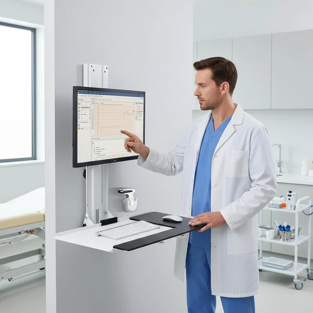 Alt view image 3 of 5 - Mount Plus MED01 Medical Monitor and Keyboard Wall Mount For 17" to 32" Display with Height Adjustable Standing Keyboard Tray ^^ Wide Platform with Mouse Pad ^^ Wall Mount Scanner Holder