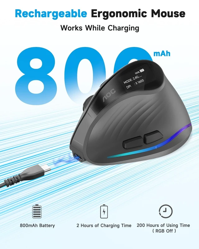 Alt view image 4 of 5 - AOC Ergonomic Mouse, 2.4GHz Wireless Bluetooth Vertical Mouse, Rechargeable