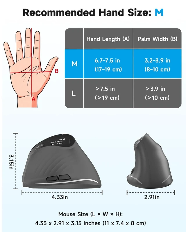 Alt view image 3 of 5 - AOC Ergonomic Mouse, 2.4GHz Wireless Bluetooth Vertical Mouse, Rechargeable