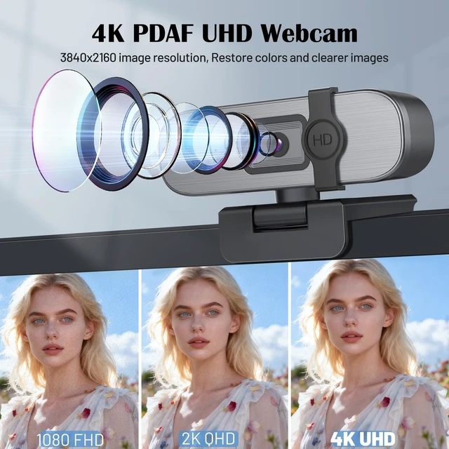 Alt view image 2 of 5 - YQE 4K Webcam with Tripod, UHD Web Cam with Microphone, PDAF Autofocus Webcam with Remote Control, Privacy Cover, USB Type-A & A-to-C Adapter Computer Camera for Calling, Zoom/Teams/Facetime/Switch 2