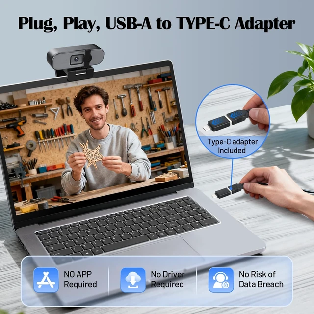 Alt view image 4 of 5 - YQE 4K Webcam with Tripod, UHD Web Cam with Microphone, PDAF Autofocus Webcam with Remote Control, Privacy Cover, USB Type-A & A-to-C Adapter Computer Camera for Calling, Zoom/Teams/Facetime/Switch 2