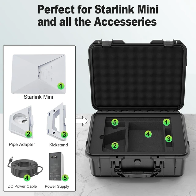 Alt view image 2 of 5 - Starlink Mini Case, IP67 Waterproof Hard Case Precision Cut Foam For Starlink Mini, Kickstand, Pipe Adapter, Power Supply, Cables, Portable Protective Carrying Case for Outdoor Camping, RV & Travel