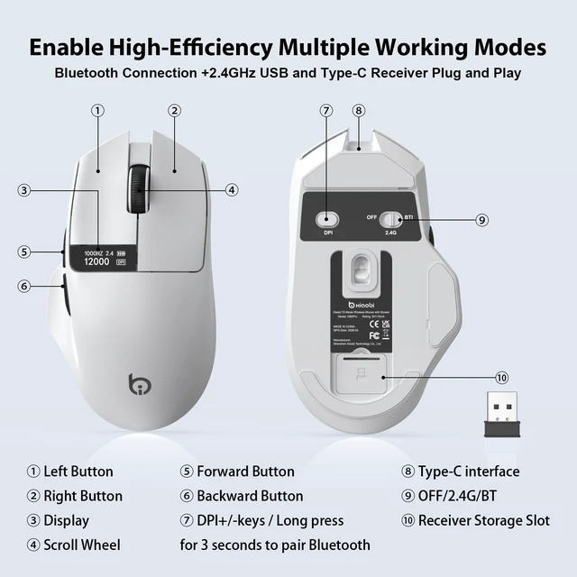 Alt view image 5 of 5 - xiaobi G9Pro Wireless Bluetooth Mouse with LED Screen Display