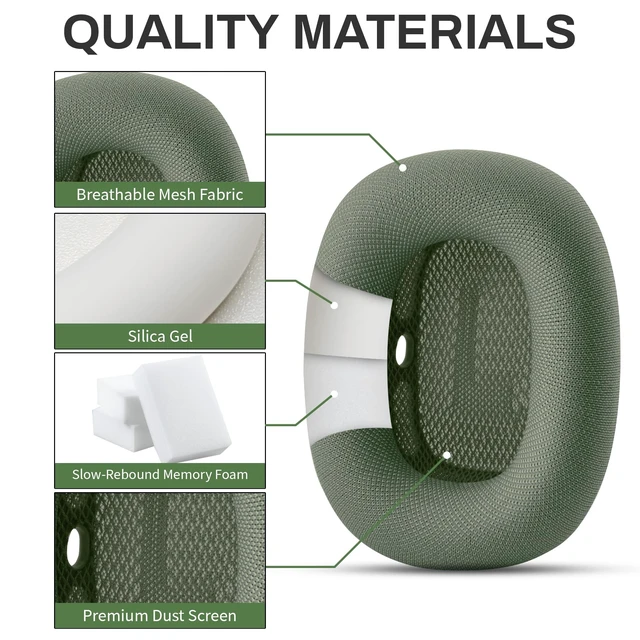 Alt view image 4 of 5 - Replacement Ear Cushions for Apple AirPods Max 1&2 Upgraded Memory Foam Pad with Durable Fabric,Sound Insulation and Noise Reduction,Strong Magnetic Fit,Sweat-Resistant,Breathable Comfor(Green)