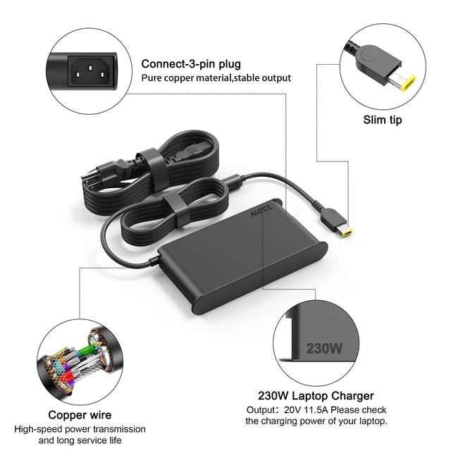 Alt view image 3 of 5 - AWUREYIT 230W 20V 11.5A Slim Tip Laptop Charger Compatible with Lenovo Legion Slim 5 7 5P S7 Y540 Y545 Y740 Y530 Y7000 ThinkPad P1 P15 P16 P17 P52 P53 P70 P71 P72 P73 ThinkBook 16p P/N ADL230NLC3