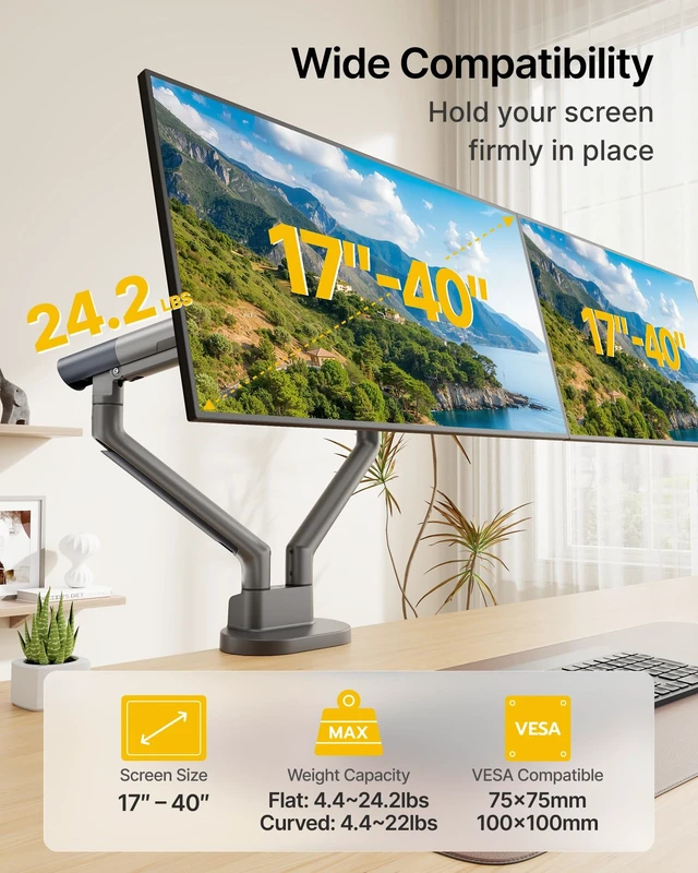 Alt view image 2 of 5 - monTEK Aluminum Dual Monitor Arm for 17-40" Screens, 24.3 lbs Each, Gray