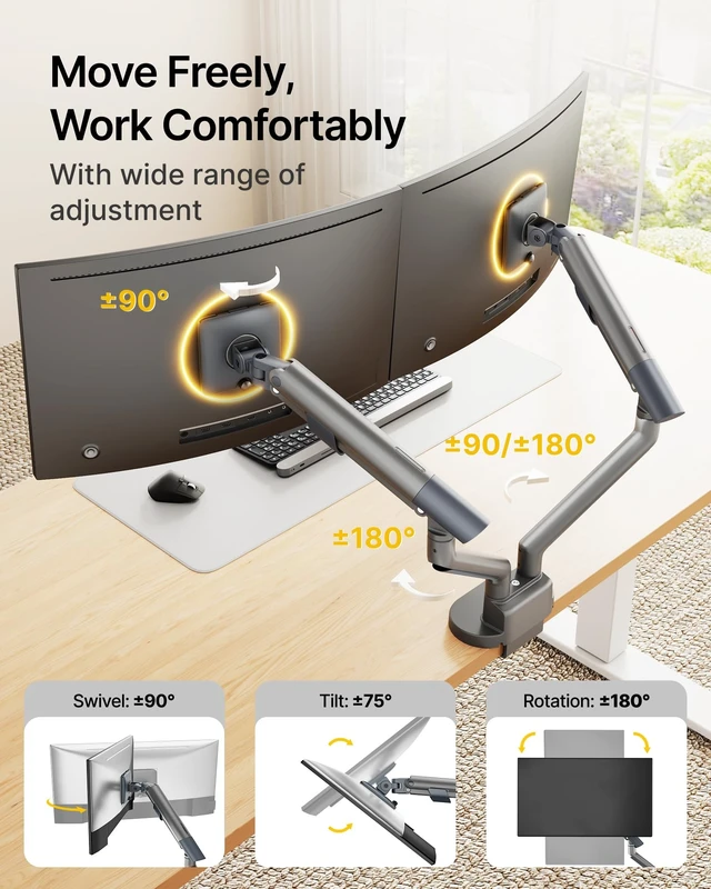 Alt view image 4 of 5 - monTEK Aluminum Dual Monitor Arm for 17-40" Screens, 24.3 lbs Each, Gray