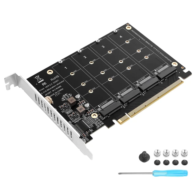 Main image of ELFJMZP PCIe 4.0 x16 to 4 Port M.2 NVMe SSD Adapter Card, PCIe Bifurcation RAID Controller, 4x 64Gbps Full Speed, Supports 4x NVMe SSD with Individual LED Activity Lights & Soft RAID for Windows 10/11