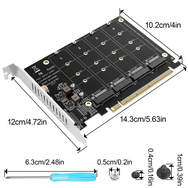 Alt view image 2 of 5 - ELFJMZP PCIe 4.0 x16 to 4 Port M.2 NVMe SSD Adapter Card, PCIe Bifurcation RAID Controller, 4x 64Gbps Full Speed, Supports 4x NVMe SSD with Individual LED Activity Lights & Soft RAID for Windows 10/11