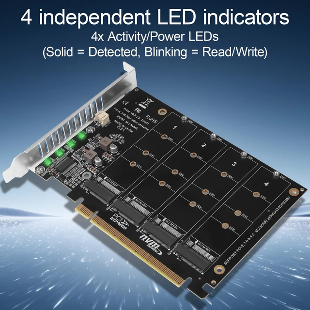 Alt view image 5 of 5 - ELFJMZP PCIe 4.0 x16 to 4 Port M.2 NVMe SSD Adapter Card, PCIe Bifurcation RAID Controller, 4x 64Gbps Full Speed, Supports 4x NVMe SSD with Individual LED Activity Lights & Soft RAID for Windows 10/11