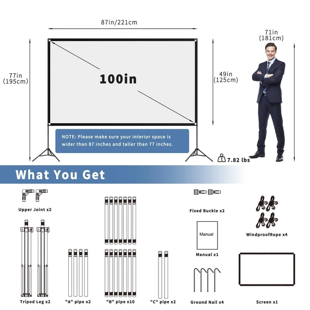 Alt view image 3 of 5 - 100inch Projector Screen with Stand, Portable Movie Screen Indoor Outdoor