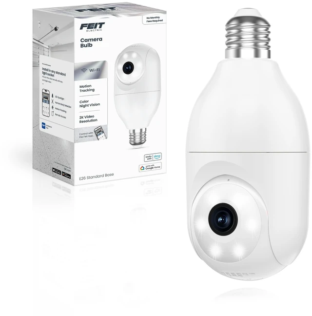 Main image of Feit Electric Smart Security Camera Bulb, 2K QHD Resolution, 2-Way Audio, Human Tracking, 350 Pan, Night Vision, Motion Alerts, E26 Base, Alexa/Google Assistant Compatible, CAM/PAN/WIFI/E26/2K