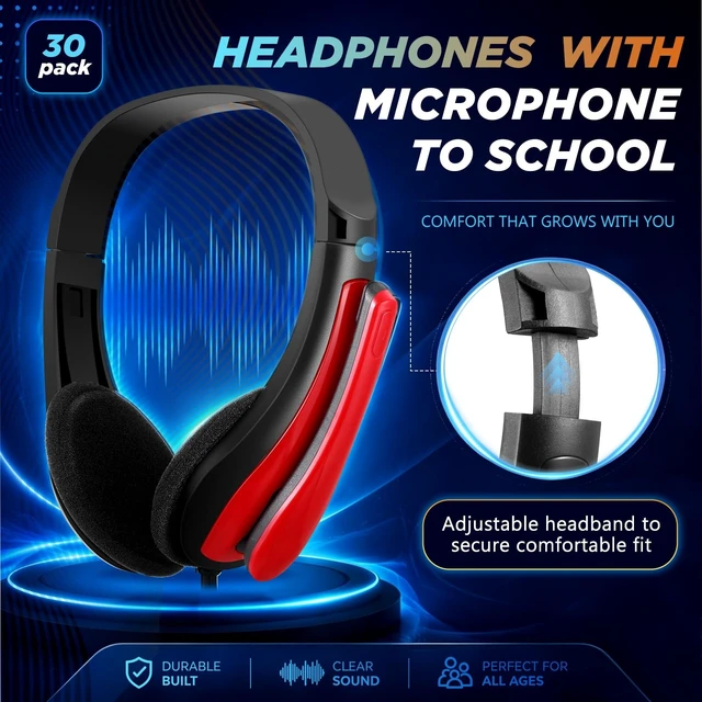 Alt view image 2 of 5 - Yunsailing 30 Pack Bulk Classroom Headphones with Mic Students, Red Blue