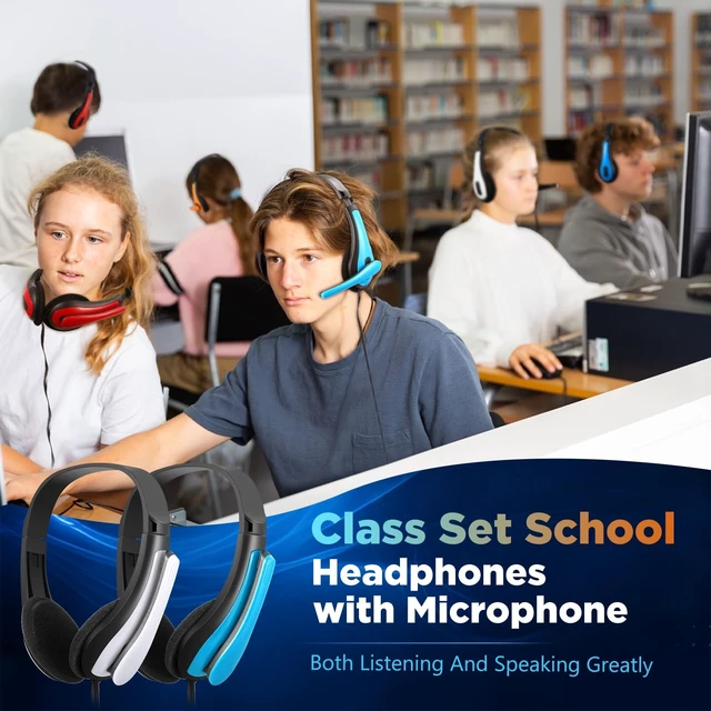 Alt view image 5 of 5 - Yunsailing 30 Pack Bulk Classroom Headphones with Mic Students, Red Blue
