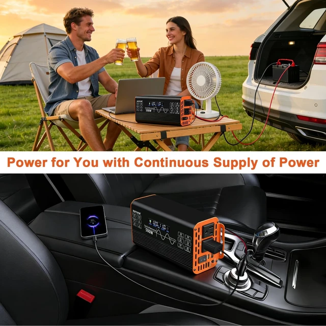 Alt view image 2 of 5 - XUYUAN 500W Pure Sine Wave Inverter 12V/24V for RV Camping Truck Emergency