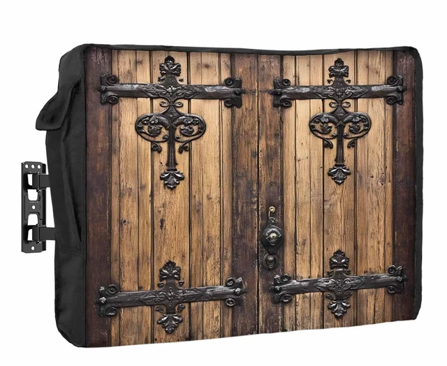 Main image of Jimehezon Wooden Door Outdoor TV Cover 60 to 65 Inches Barn Door Dilapidated Wood Grain Weatherproof&Waterproof TV Covers with Remote Control Pocket, Screen Protectors for Outside