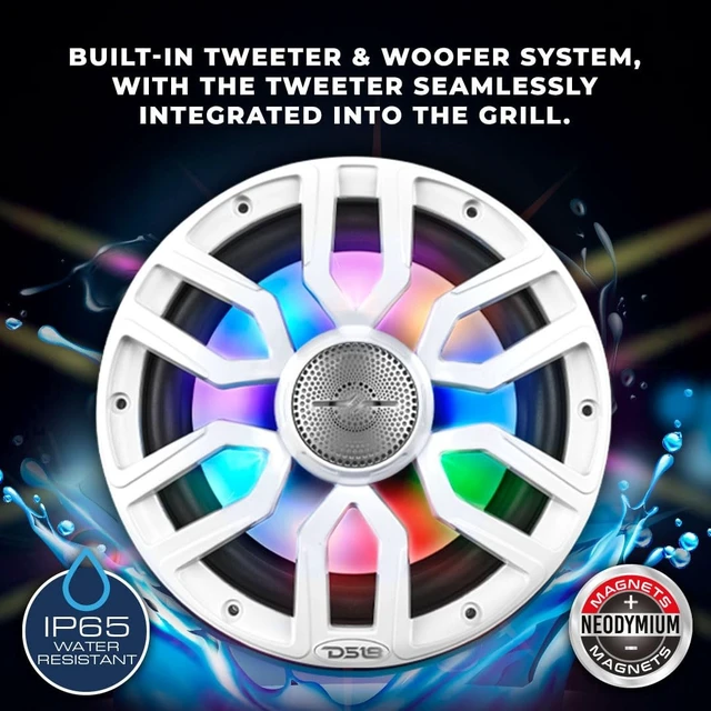 Alt view image 3 of 5 - DS18 NXL-IQ8/WH 8" 2-Way Coaxial Marine Speaker with Digital Led Lights and Bullet Tweeter 175 Watts 4-Ohm, Water Resistant IP65, Silicone Cover Included, Pair