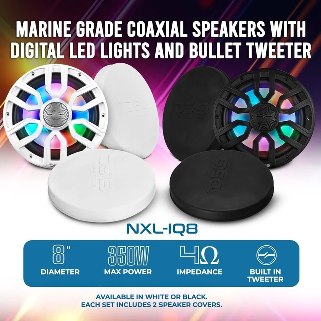 Alt view image 2 of 5 - DS18 NXL-IQ8/WH 8" 2-Way Coaxial Marine Speaker with Digital Led Lights and Bullet Tweeter 175 Watts 4-Ohm, Water Resistant IP65, Silicone Cover Included, Pair