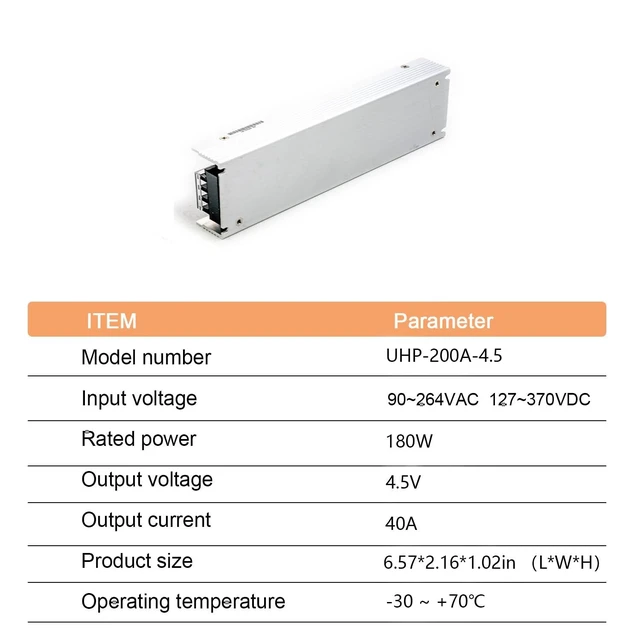 Alt view image 5 of 5 - MedInnov UHP-200A-4.5 Industrial Power Supply, 4.5V 40A 180W, Fanless Design, Wide Input 90-264.5VAC, High Efficiency, UL/TUV Certified, for LED Signage, Displays, Channel Letters