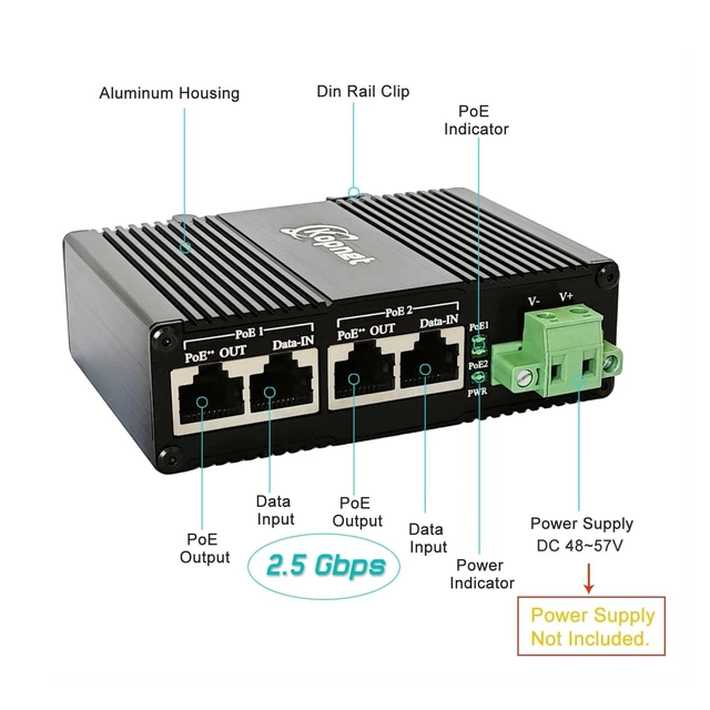 Alt view image 2 of 5 - Industrial 2ch 2.5G PoE++ Injector DIN Rail Mount 802.3af/at/bt POE Adapter
