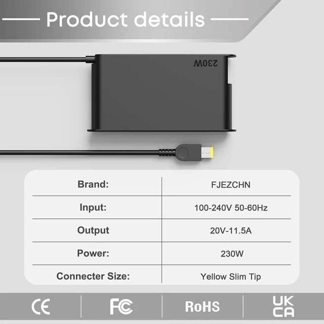 Alt view image 3 of 5 - 230W Laptop Charger Compatible with Lenovo Legion 5 7 5P C7 S7 Y540 Y545 Y740 Y730 Y900 Y910 Y920 Y7000 Thinkpad P1 P73 P53 P72 P52 P71 P51 P70 P17 P16 P15 Power Adapter with AC Cord