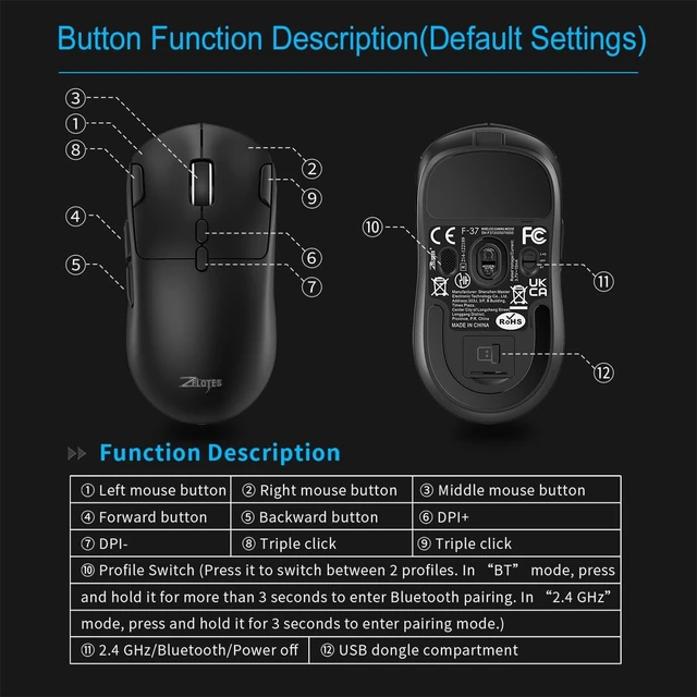 Alt view image 5 of 5 - zelotes Gaming Wireless Mouse, Bluetooth Rechargeable with 9 Programmable Buttons,Ultra-Light 60g, 24,000 DPI, BT/USB 2.4G / Type-C, Ergonomic Optical Mouse for Laptop, PC,Office and Gamers (Bl