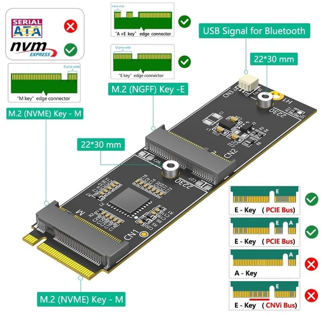 Alt view image 3 of 5 - Mustpoint M.2 (Key-M) NVMe to Dual M.2 Adapter Card, Supports 2230 Key-E/Key-M Devices, PCIe Bus Compatible, Adds WiFi/Bluetooth & Extra NVMe Slot to M.2 NVMe Port