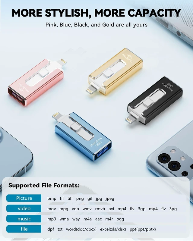 Alt view image 5 of 5 - MFi Certified 256GB Flash Drive for iPhone iPad, Photo Stick for External Memory Storage, Easily Back Up and Save Photos Videos, USB Memory Stick Thumb Drive for iPhone/iPad/Android/PC (Blue)