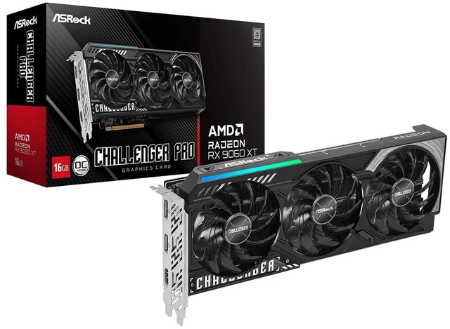 Main image of ASRock Radeon RX 9060 XT Challenger Pro 16GB OC Graphics Card, RDNA 4, 3290MHz Boost, 16GB GDDR6 128-bit, PCIe 5.0, Triple Fan, 0dB Silent, LED Switch