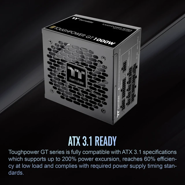 Alt view image 3 of 5 - Thermaltake Toughpower GT 1000W; ATX 3.1; Native PCIe 5.1 12V-2x6; Full Modular; Flat Cables; Color Matched Connectors; Japanese Main Capacitors; 80 Plus Gold; 140mm; Black; PS-TPT-1000FNFAG