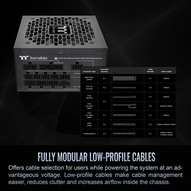 Alt view image 5 of 5 - Thermaltake Toughpower GT 1000W; ATX 3.1; Native PCIe 5.1 12V-2x6; Full Modular; Flat Cables; Color Matched Connectors; Japanese Main Capacitors; 80 Plus Gold; 140mm; Black; PS-TPT-1000FNFAG