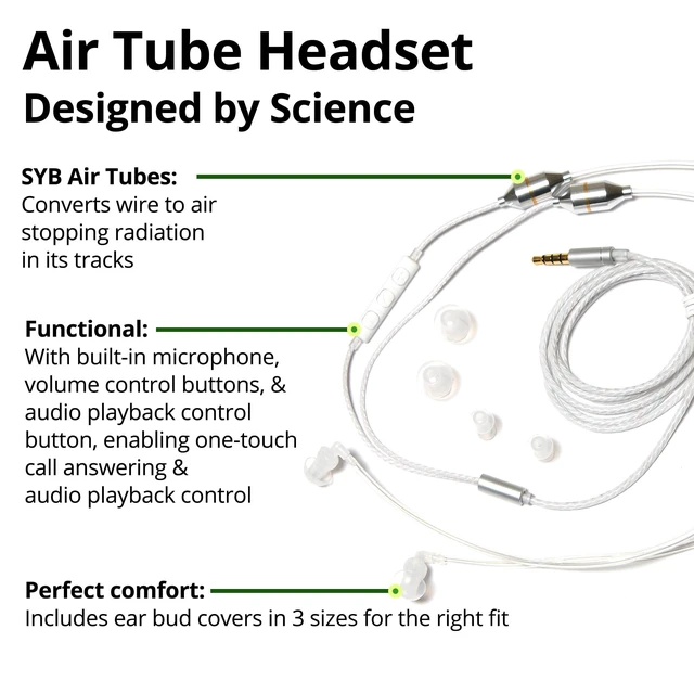 Alt view image 4 of 5 - SYB Shield Your Body Air Tube Headset, Stereo Earbuds with Microphone and Case, Wired Anti Radiation Headphones, Built-in Controls, Works on Any Device with A Standard 3.5mm Audio Jack, White