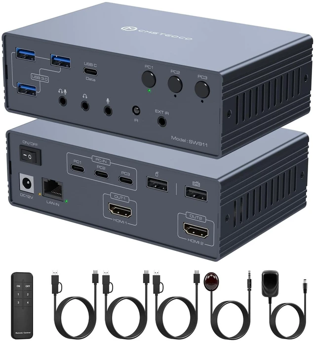 Main image of KVM Switch 2 Monitors 3 Computers Docking Station USB C + HDMI/DP Input with 100W PD, 4K60Hz/4K120Hz Displayport HDMI Dual Monitor for Laptop and Desktop Share 13-in-1 Dock Aluminum Case Plug and Play