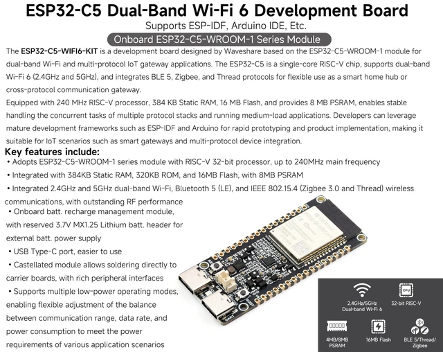 Alt view image 2 of 5 - (2PCS) ESP32-C5 Dual-Band Wi-Fi 6 Development Board, 240MHz RISC-V Processor, ESP32-C5-WROOM-1 Series Module, Multi-Protocol RISC-V MCU, 16MB Flash and 8MB PSRAM